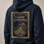 Close-up of the gold Contae Aontroma back print on the navy Antrim Heritage Hoodie