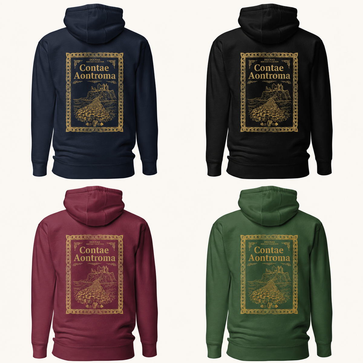 Antrim Heritage Hoodie back print in navy, black, maroon and Irish forest green