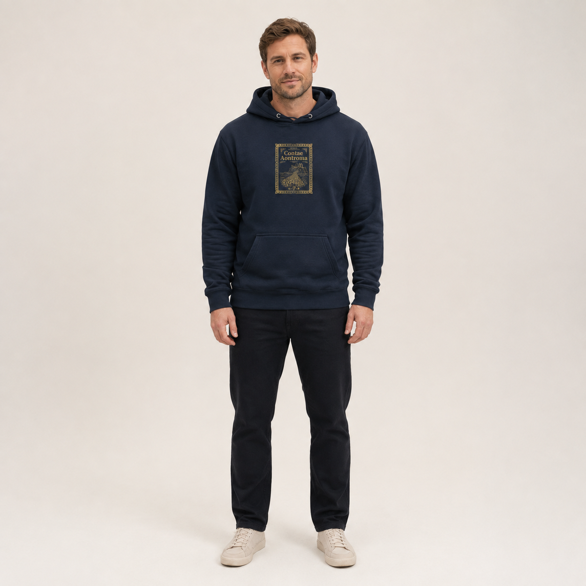 Man wearing the navy Antrim Heritage Hoodie from the front