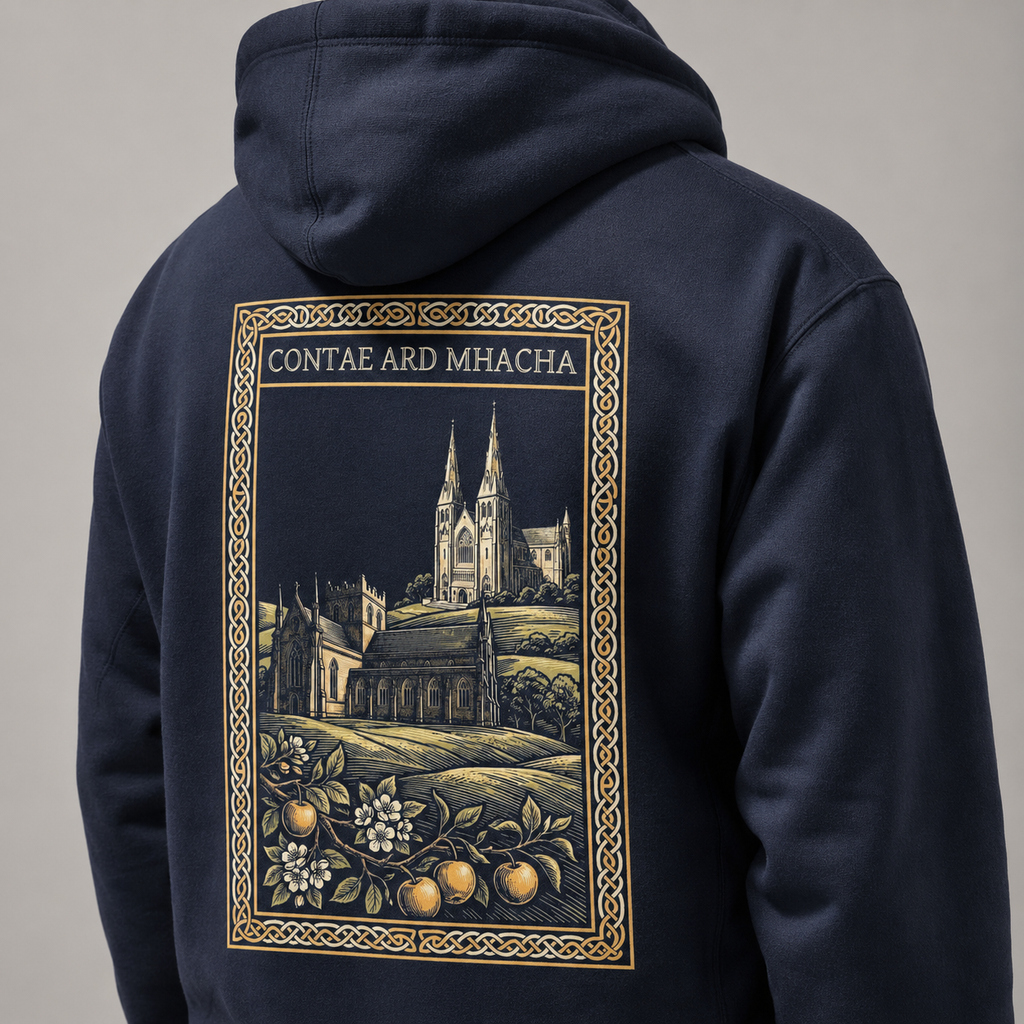 Close-up of the gold Contae Ard Mhacha back print on the navy Armagh Heritage Hoodie
