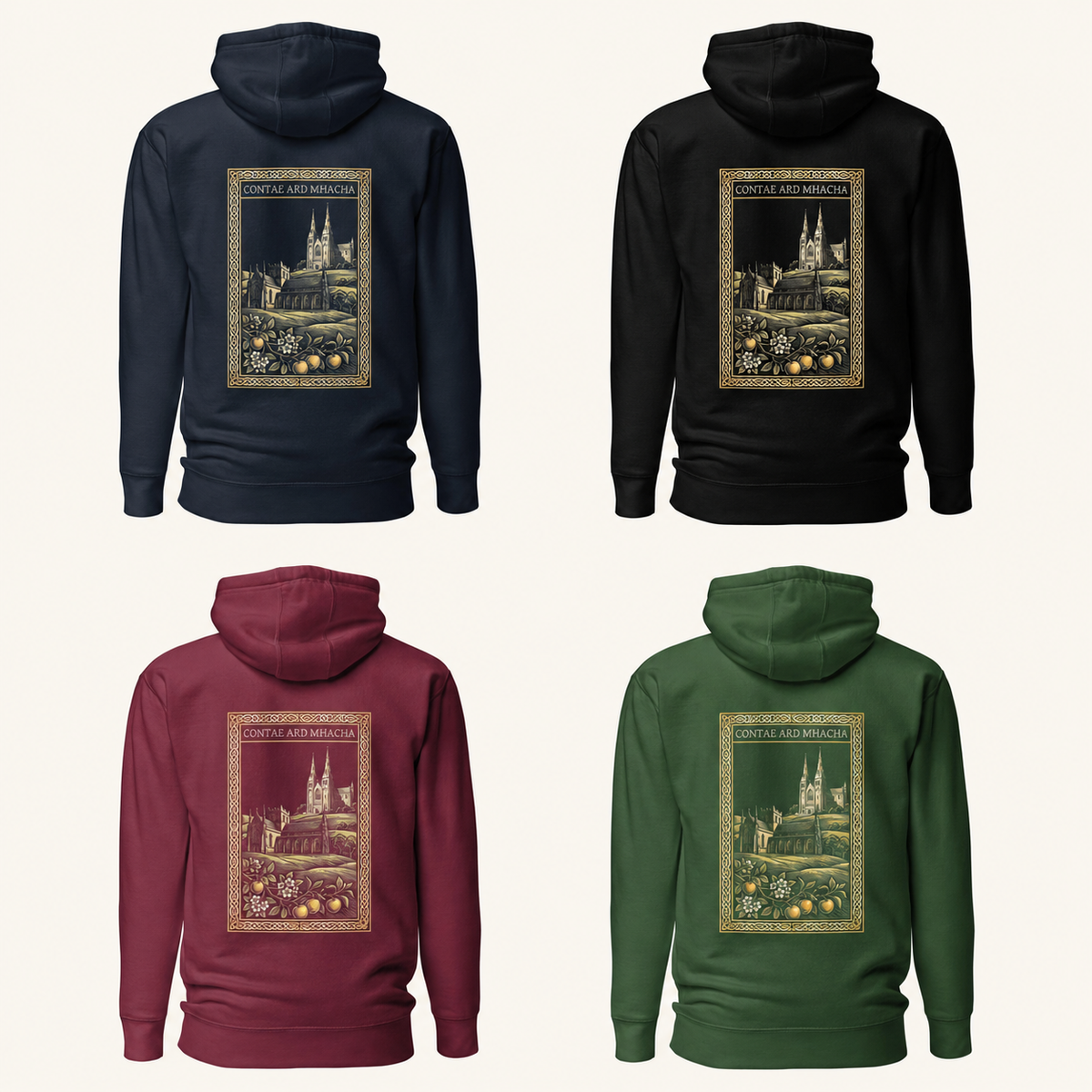 Armagh Heritage Hoodie back print in navy, black, maroon and Irish forest green