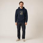 Man wearing the navy Armagh Heritage Hoodie from the front
