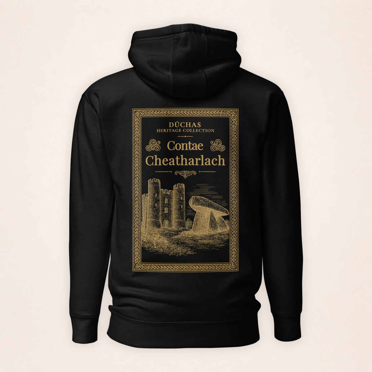 Carlow Heritage Hoodie in black on a warm ivory background