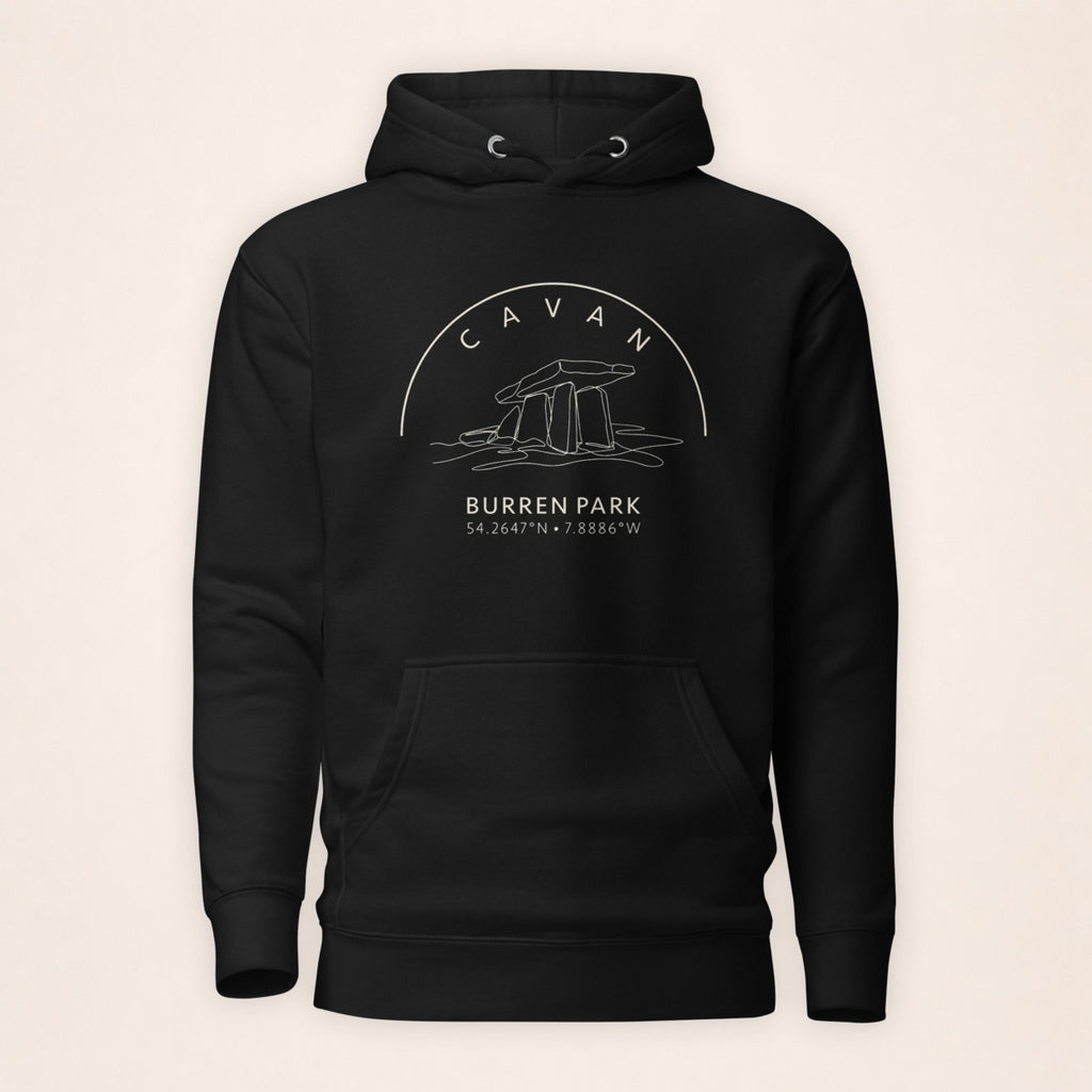Cavan Burren Park black hoodie front on warm ivory background