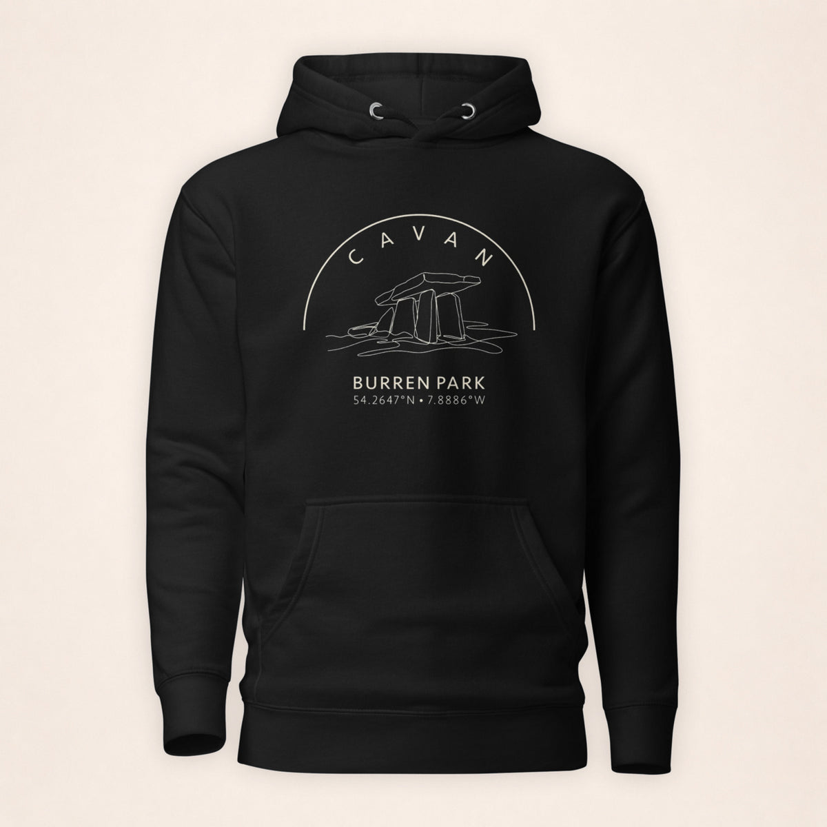 Cavan Burren Park black hoodie front on warm ivory background