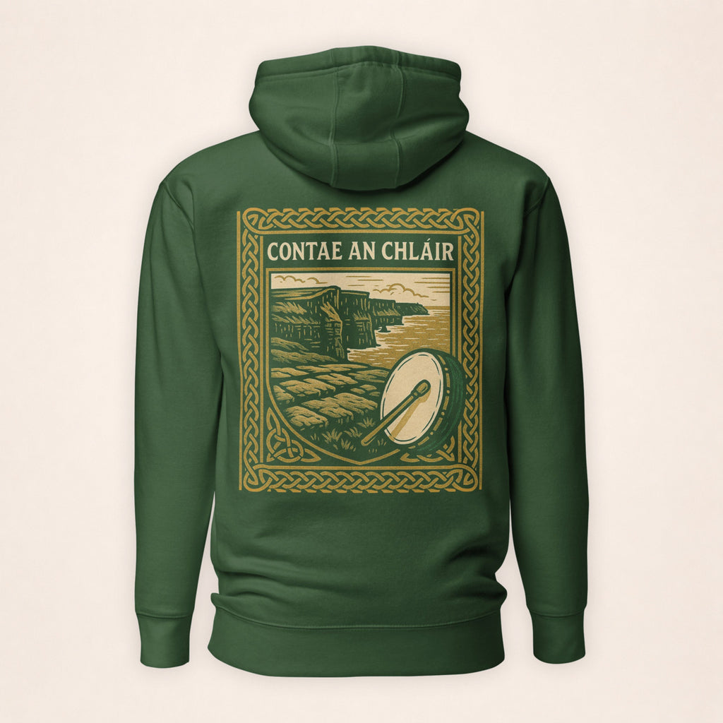 Clare Heritage Hoodie in Irish forest green on a warm ivory background