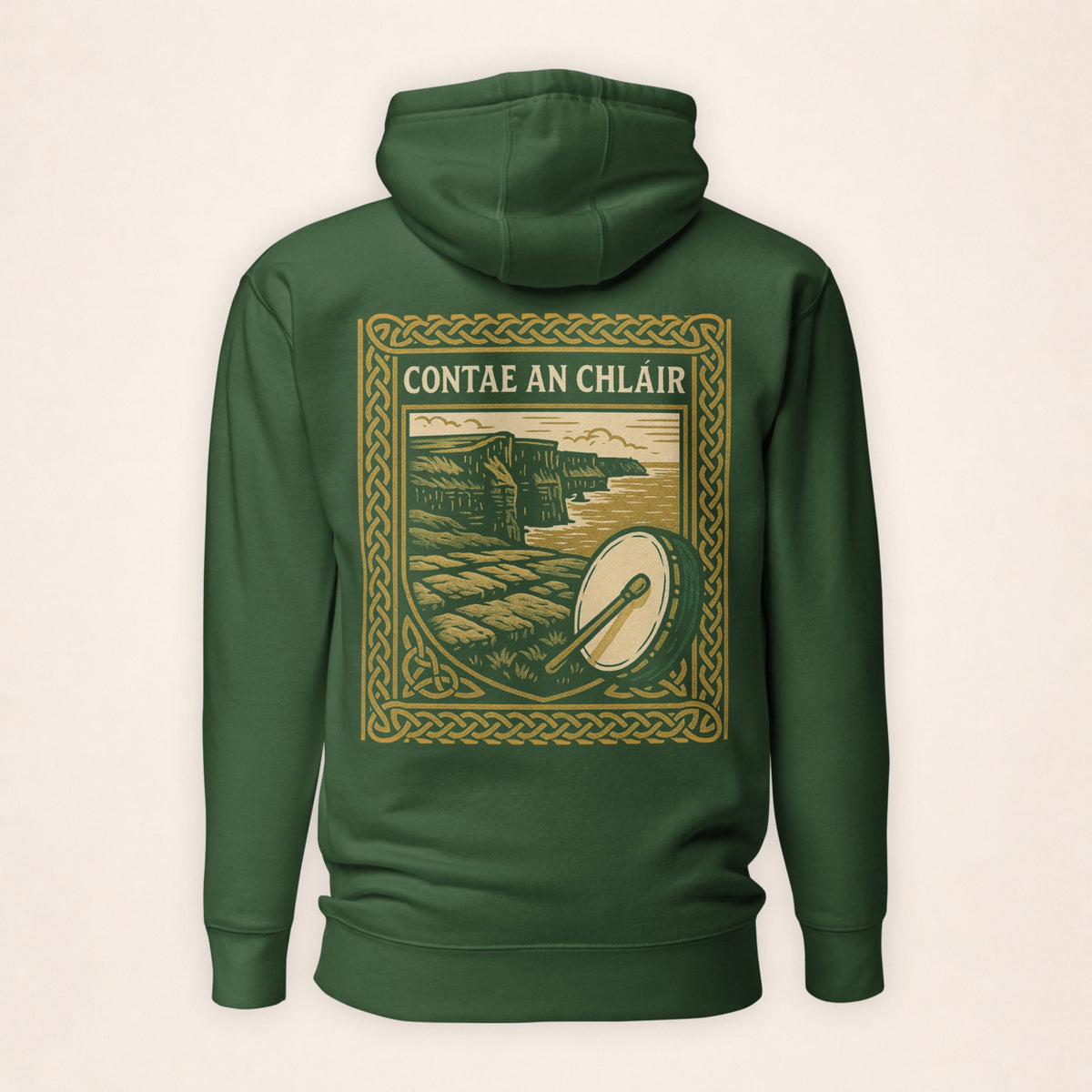 Clare Heritage Hoodie in Irish forest green on a warm ivory background