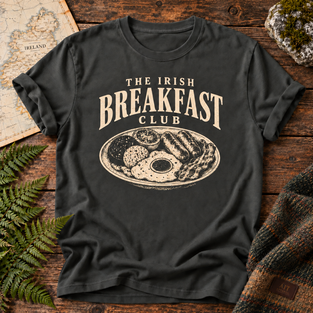 The Irish Breakfast Club T-Shirt in Pepper, front flatlay