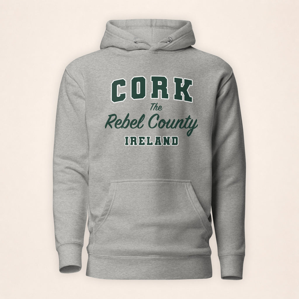Cork Collegiate Hoodie in carbon grey on a warm ivory background