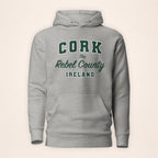 Cork Collegiate Hoodie in carbon grey on a warm ivory background