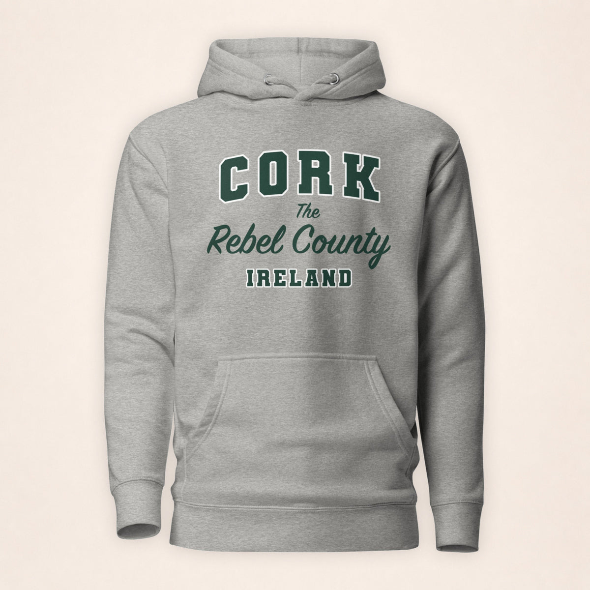 Cork Collegiate Hoodie in carbon grey on a warm ivory background