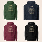 Cork Gougane Barra Hoodie colour options — forest green, navy, maroon and black