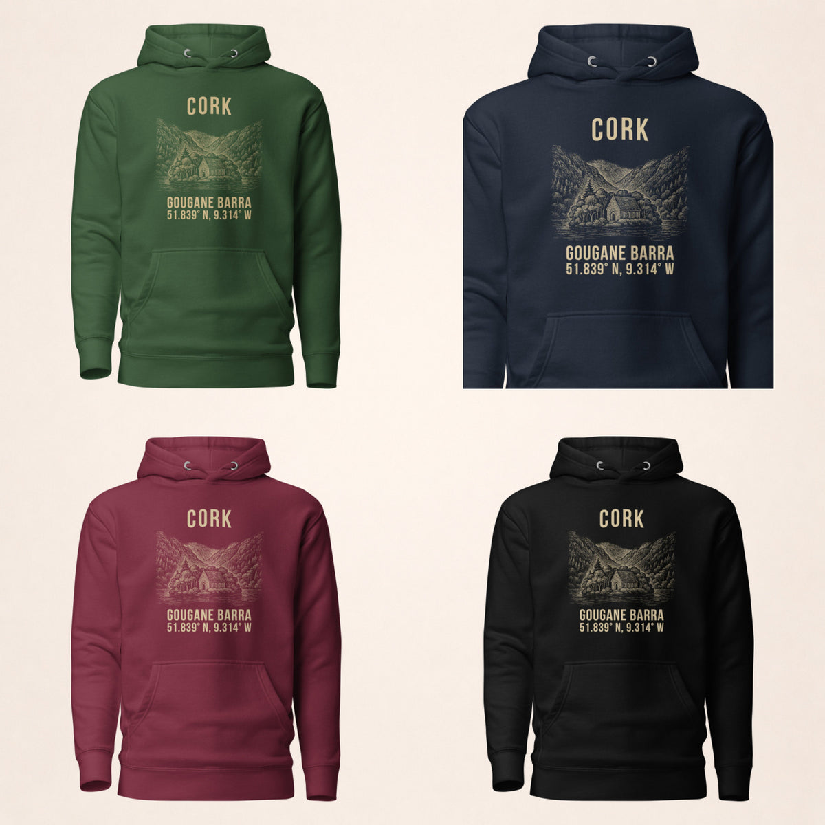 Cork Gougane Barra Hoodie colour options — forest green, navy, maroon and black