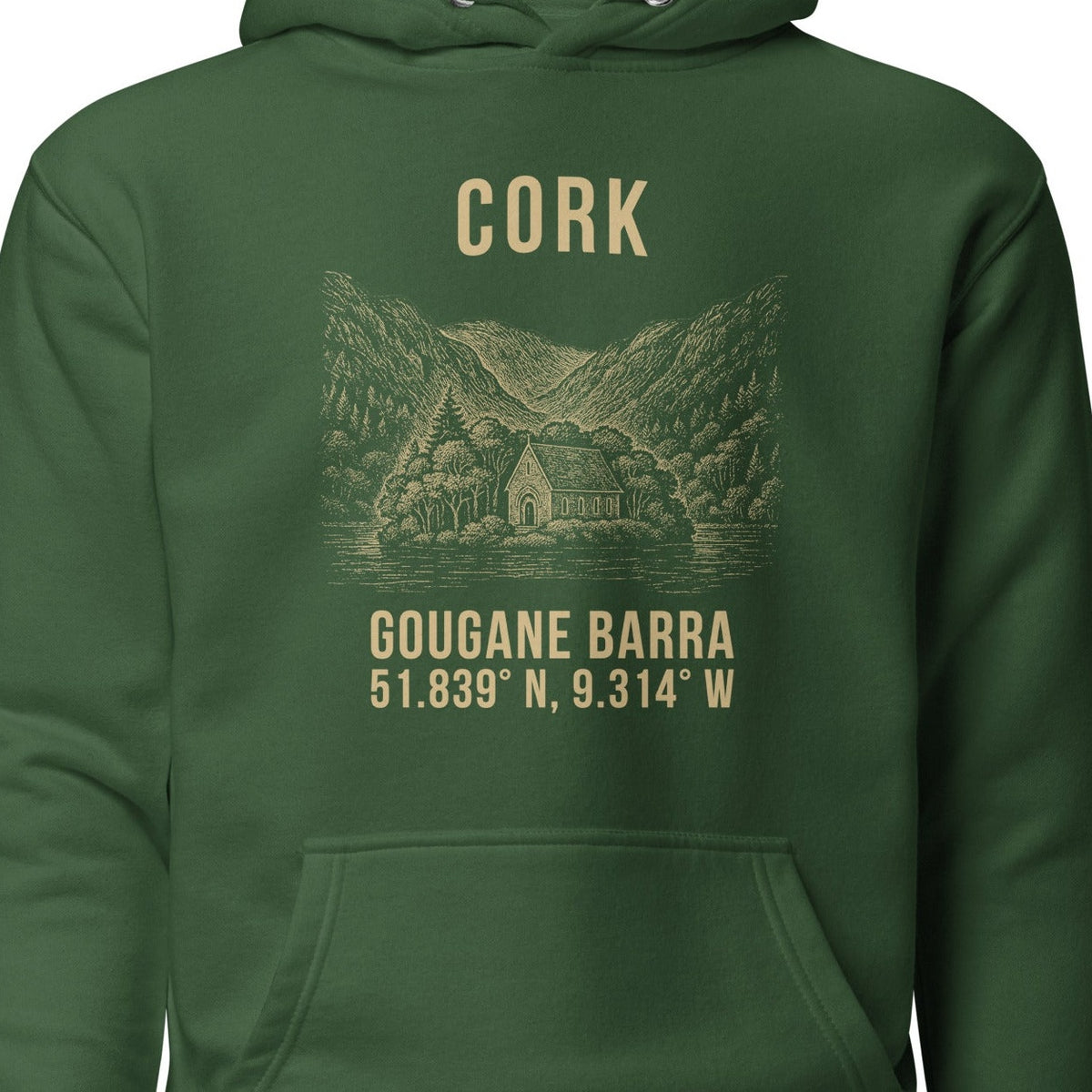 Cork Gougane Barra Hoodie — close-up of front artwork