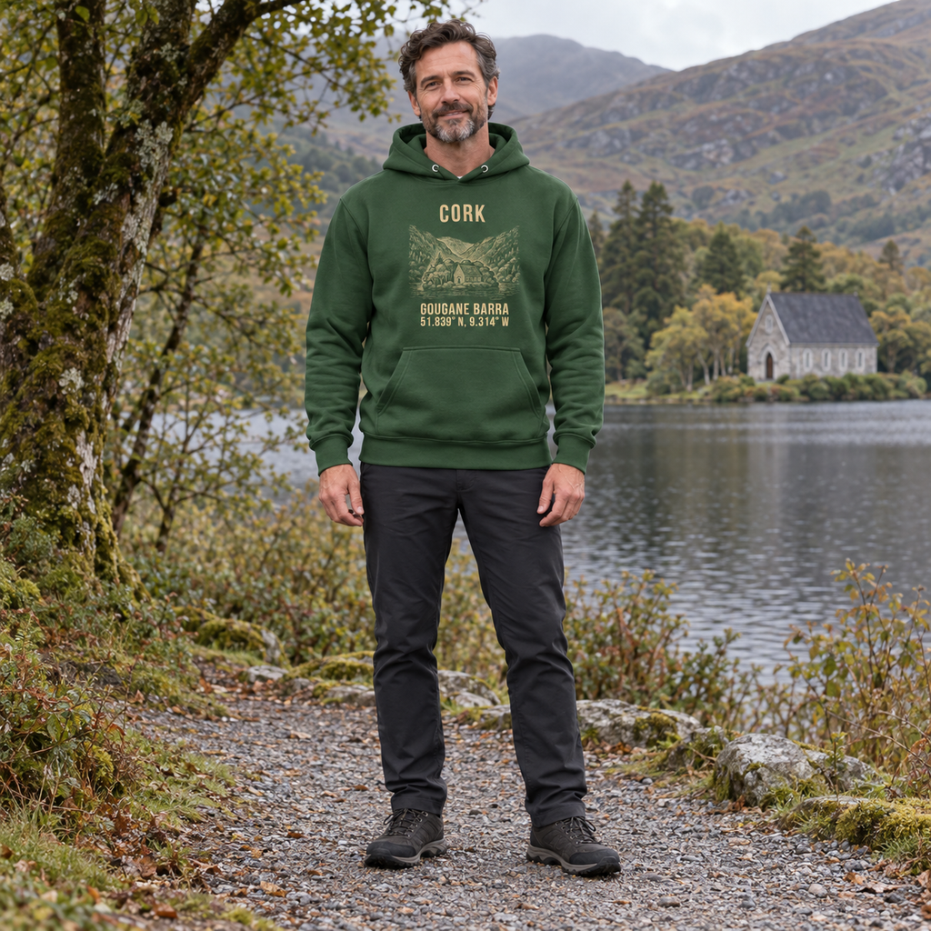 Man wearing the Cork Gougane Barra Hoodie in Irish Forest Green