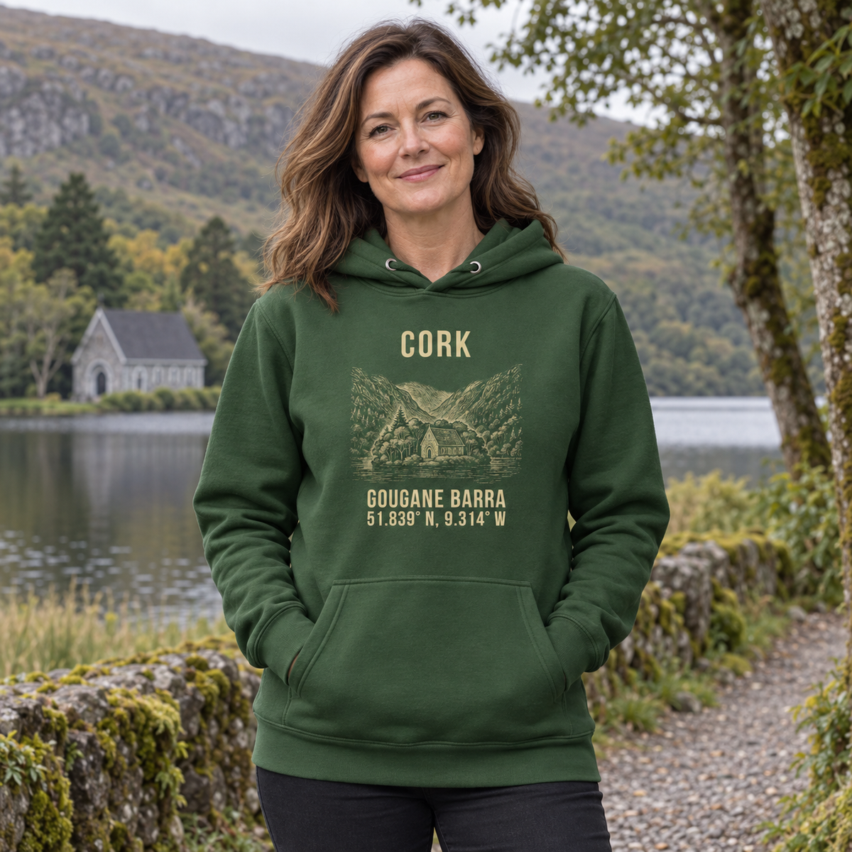 Woman wearing the Cork Gougane Barra Hoodie in Irish Forest Green