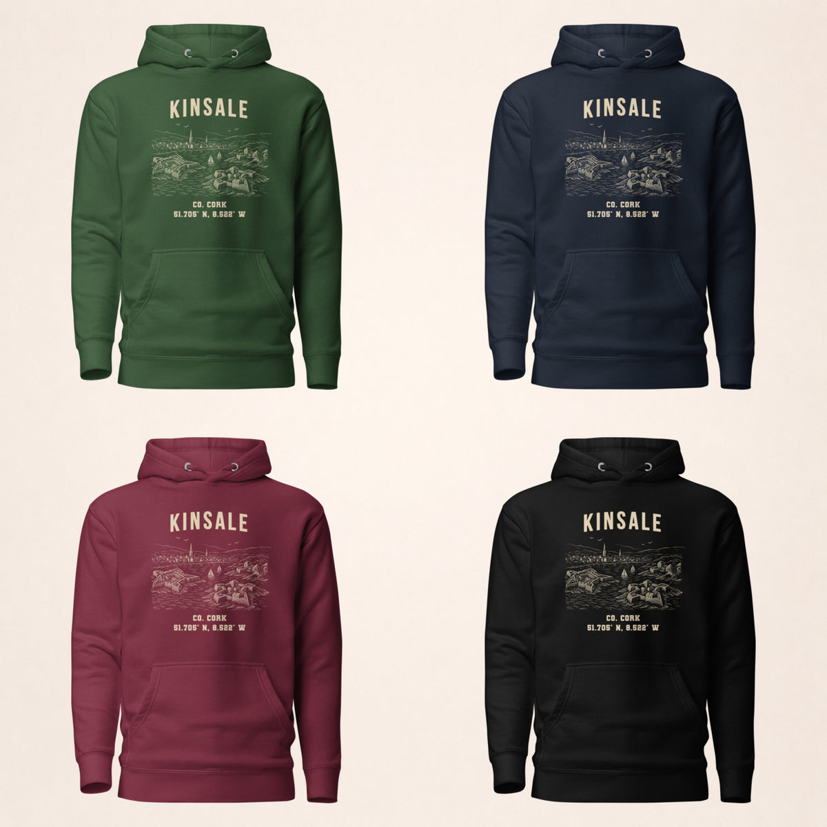 Cork Kinsale Hoodie colour options — forest green, navy, maroon and black