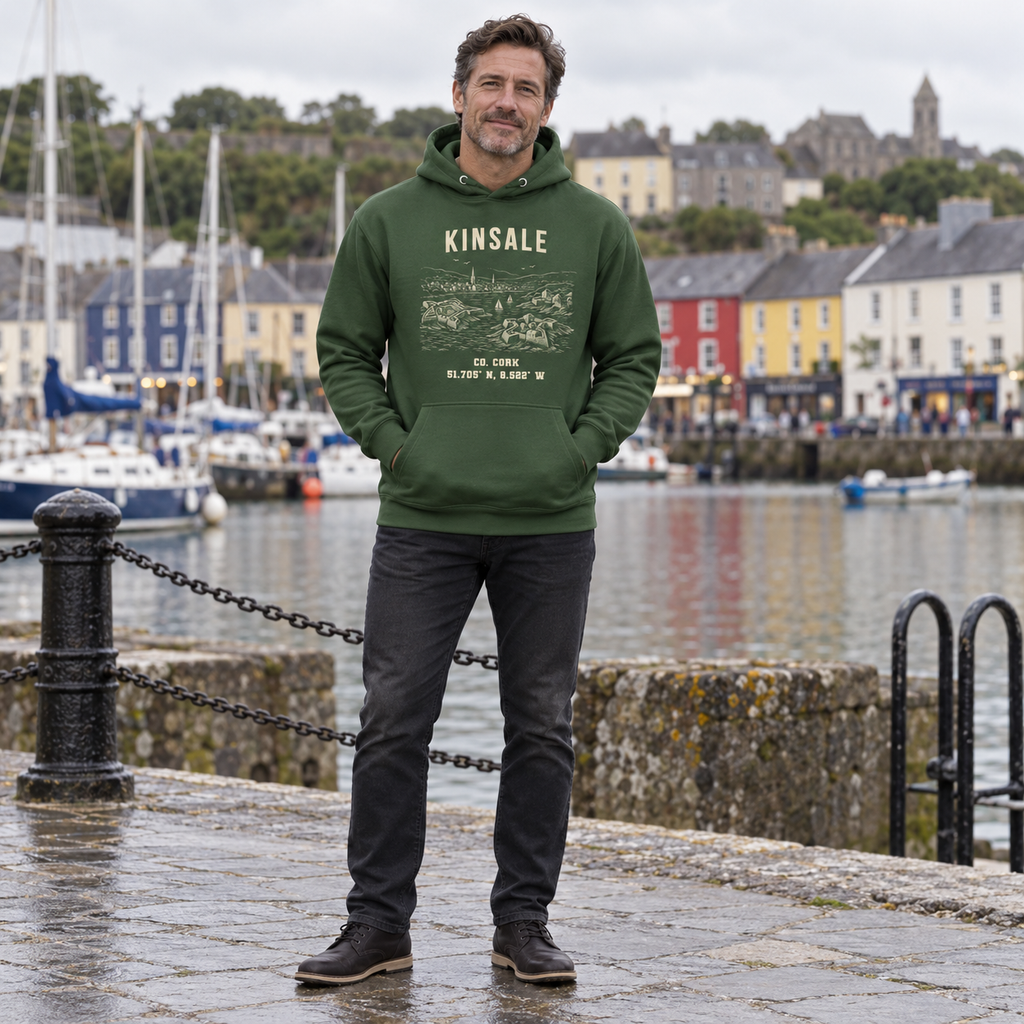 Man wearing the Cork Kinsale Hoodie in Irish Forest Green