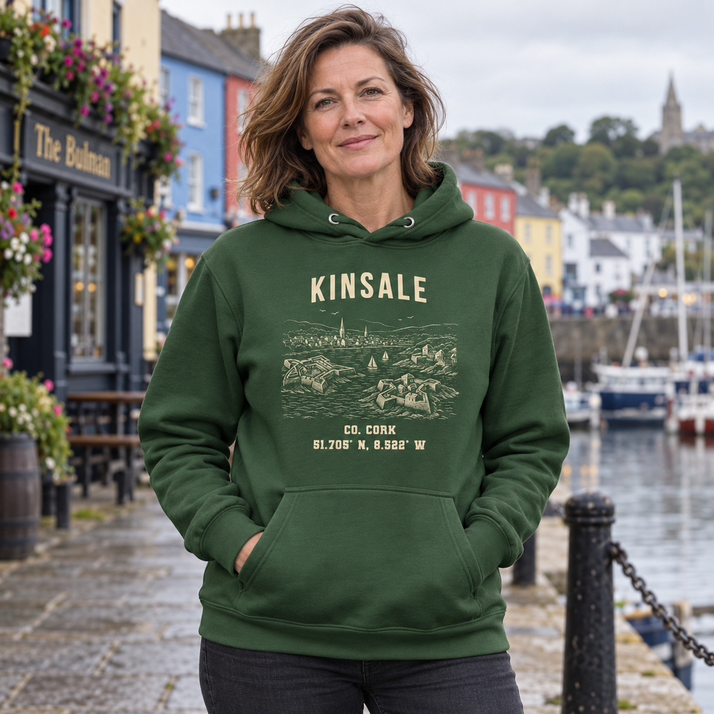 Woman wearing the Cork Kinsale Hoodie in Irish Forest Green