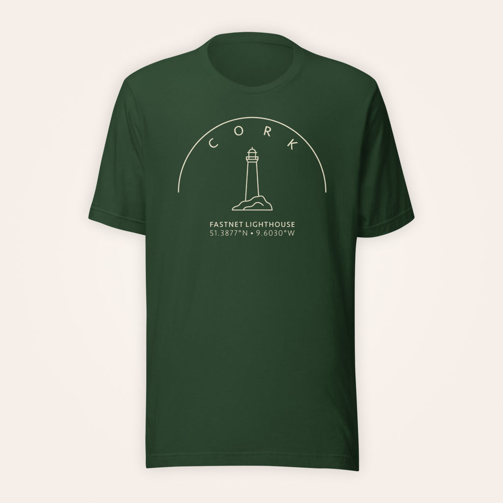 Cork Fastnet Lighthouse forest green T-shirt on warm ivory background