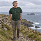 Man wearing Cork Fastnet Lighthouse forest green T-shirt