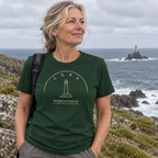 Woman wearing Cork Fastnet Lighthouse forest green T-shirt