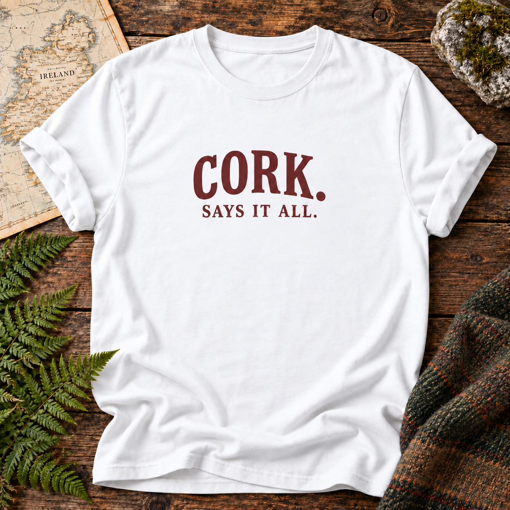 Cork Says It All T-Shirt in White, front flatlay