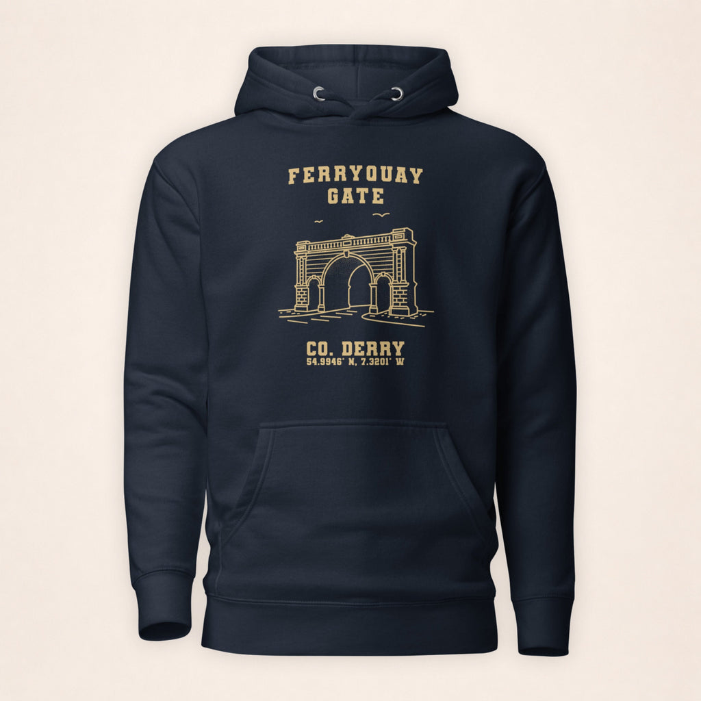 Derry Ferryquay Gate navy hoodie front on warm ivory background