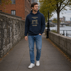 Man wearing the Derry Ferryquay Gate navy hoodie in Derry