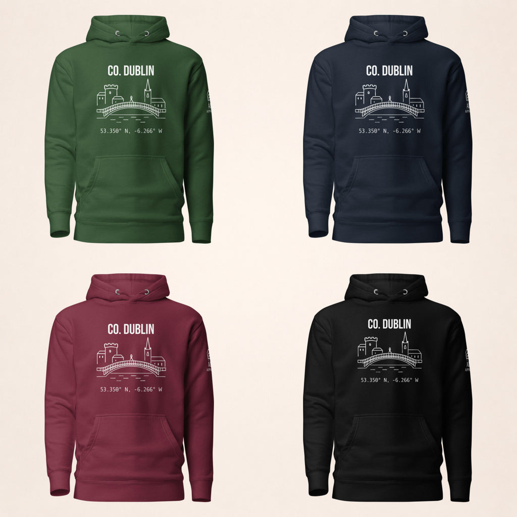 Dublin Castle & Skyline hoodie in forest green, navy, maroon and black