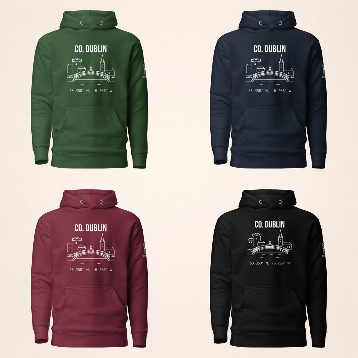 Dublin Castle & Skyline hoodie in forest green, navy, maroon and black