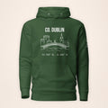 Dublin Castle & Skyline forest green hoodie on a warm ivory background