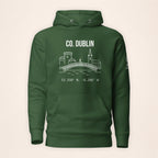 Dublin Castle & Skyline forest green hoodie on a warm ivory background