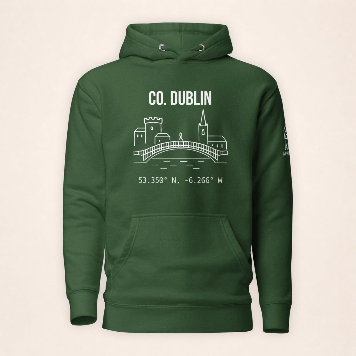 Dublin Castle & Skyline forest green hoodie on a warm ivory background