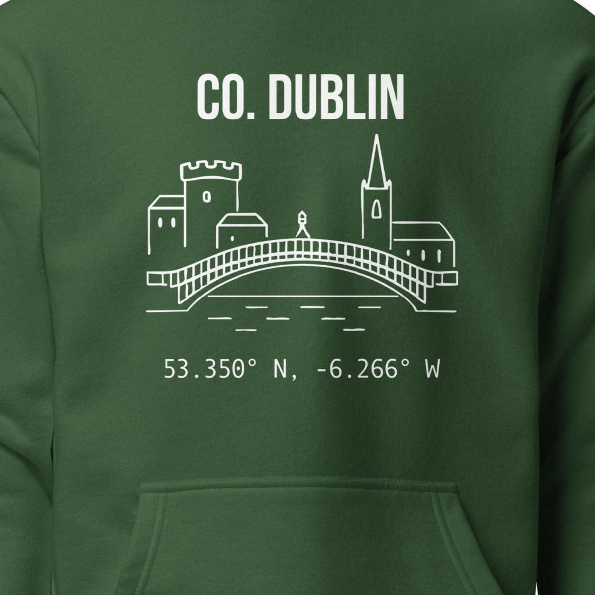 Close-up of the Dublin Castle & Skyline hoodie chest design