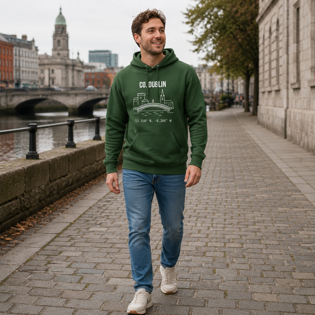 Man wearing the Dublin Castle & Skyline forest green hoodie in Dublin