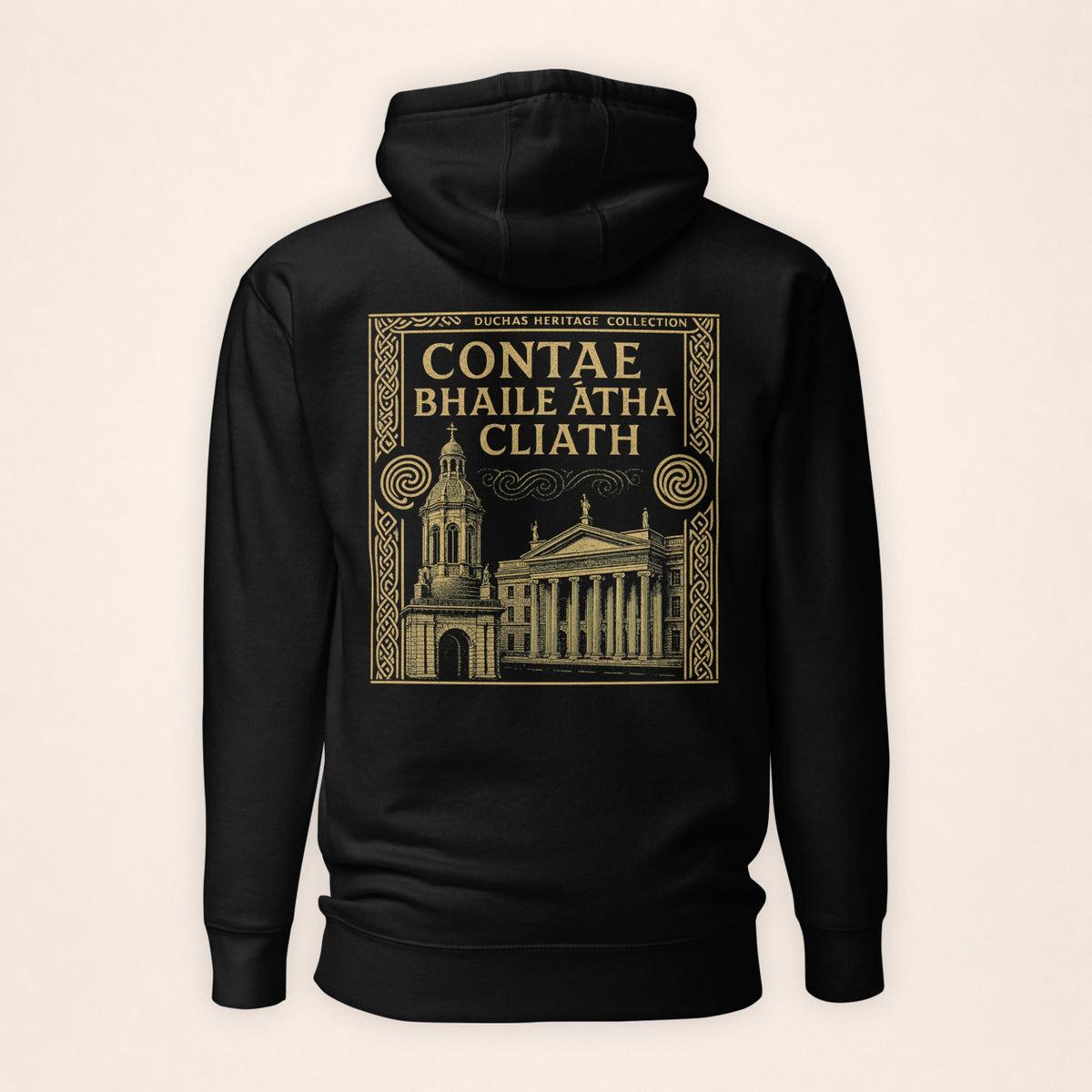 Dublin Heritage Hoodie in black on a warm ivory background