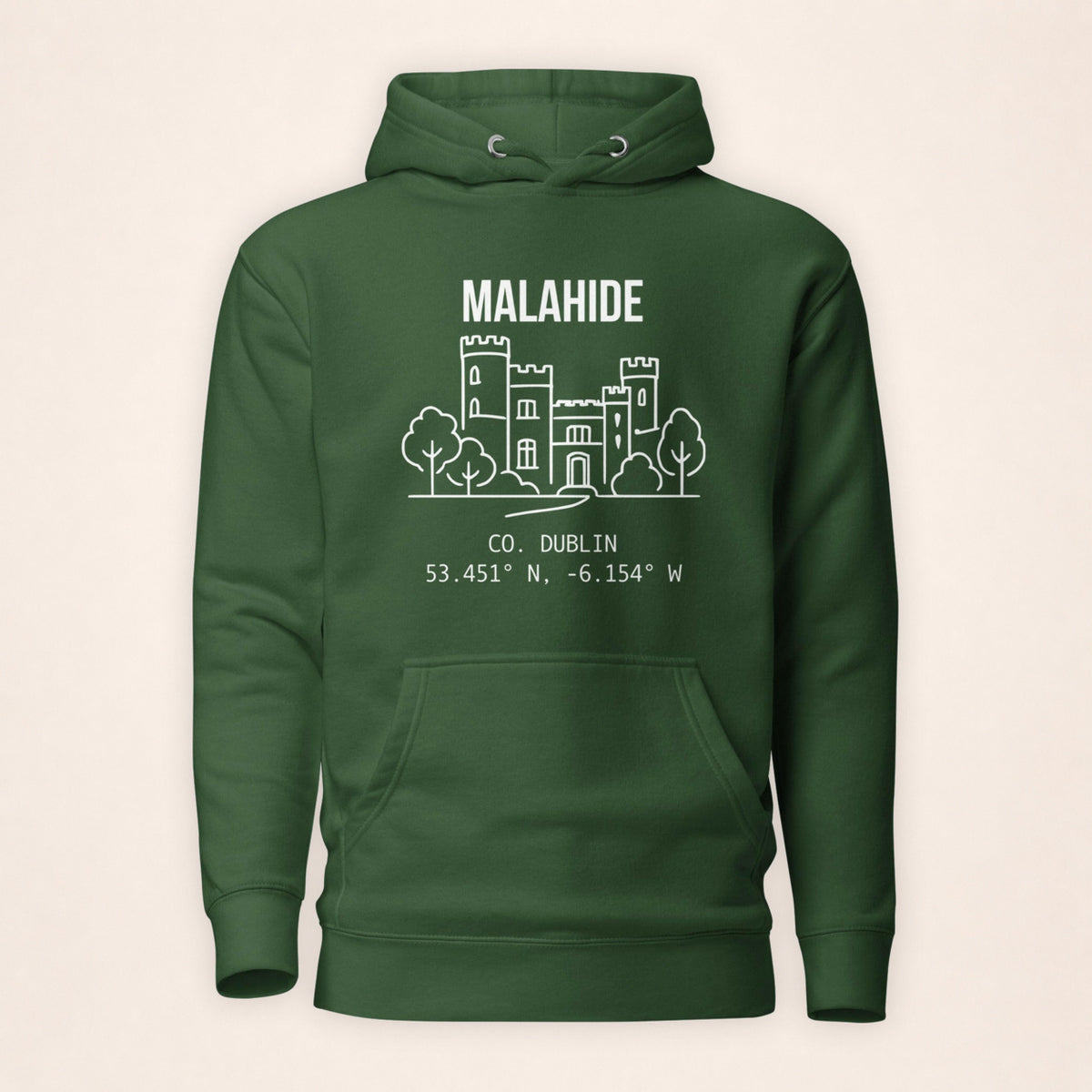 Dublin Malahide forest green hoodie on a warm ivory background
