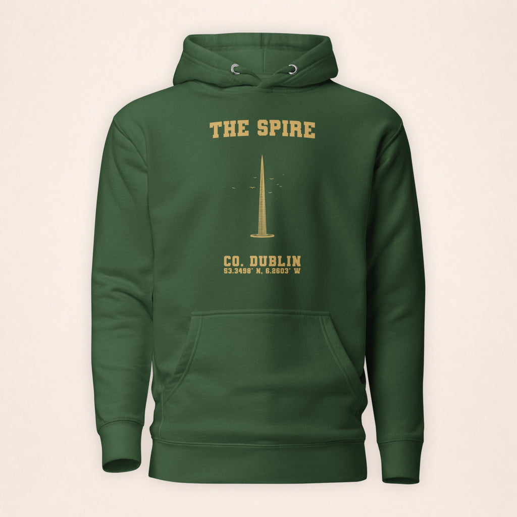 Dublin Spire forest green hoodie on a warm ivory background