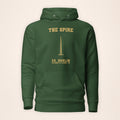Dublin Spire forest green hoodie on a warm ivory background