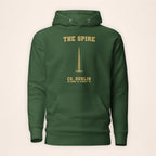 Dublin Spire forest green hoodie on a warm ivory background