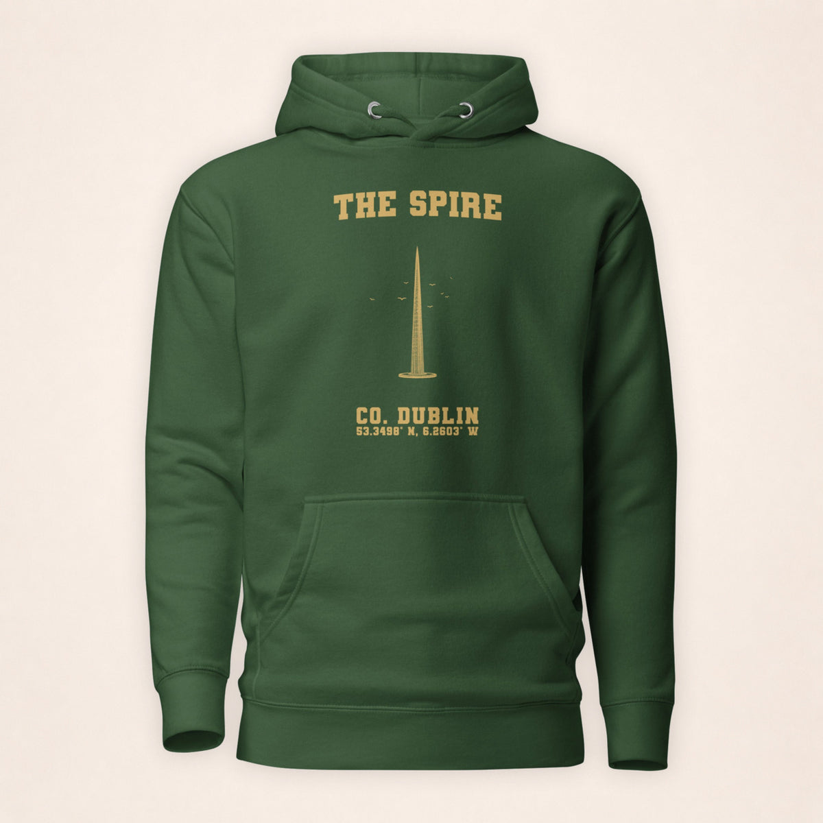 Dublin Spire forest green hoodie on a warm ivory background