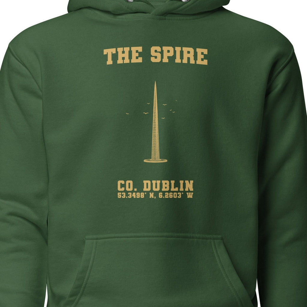 Close-up of the Dublin Spire hoodie chest design