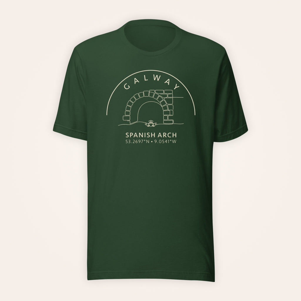 Galway Spanish Arch & Claddagh forest green T-shirt on warm ivory background