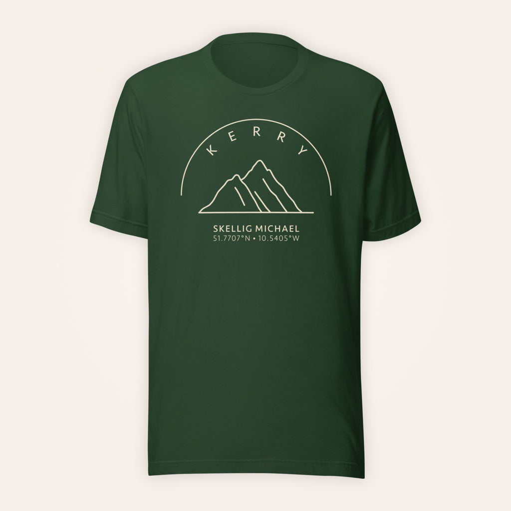Kerry Skellig Michael forest green T-shirt on warm ivory background