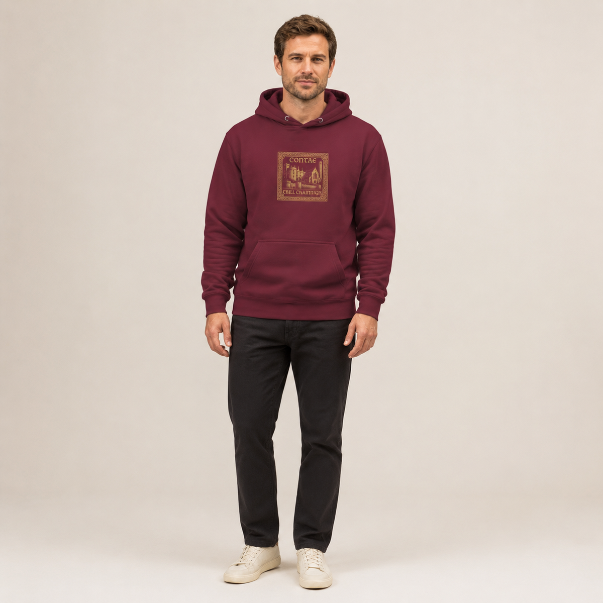 Man wearing the maroon Kilkenny Heritage Hoodie from the front