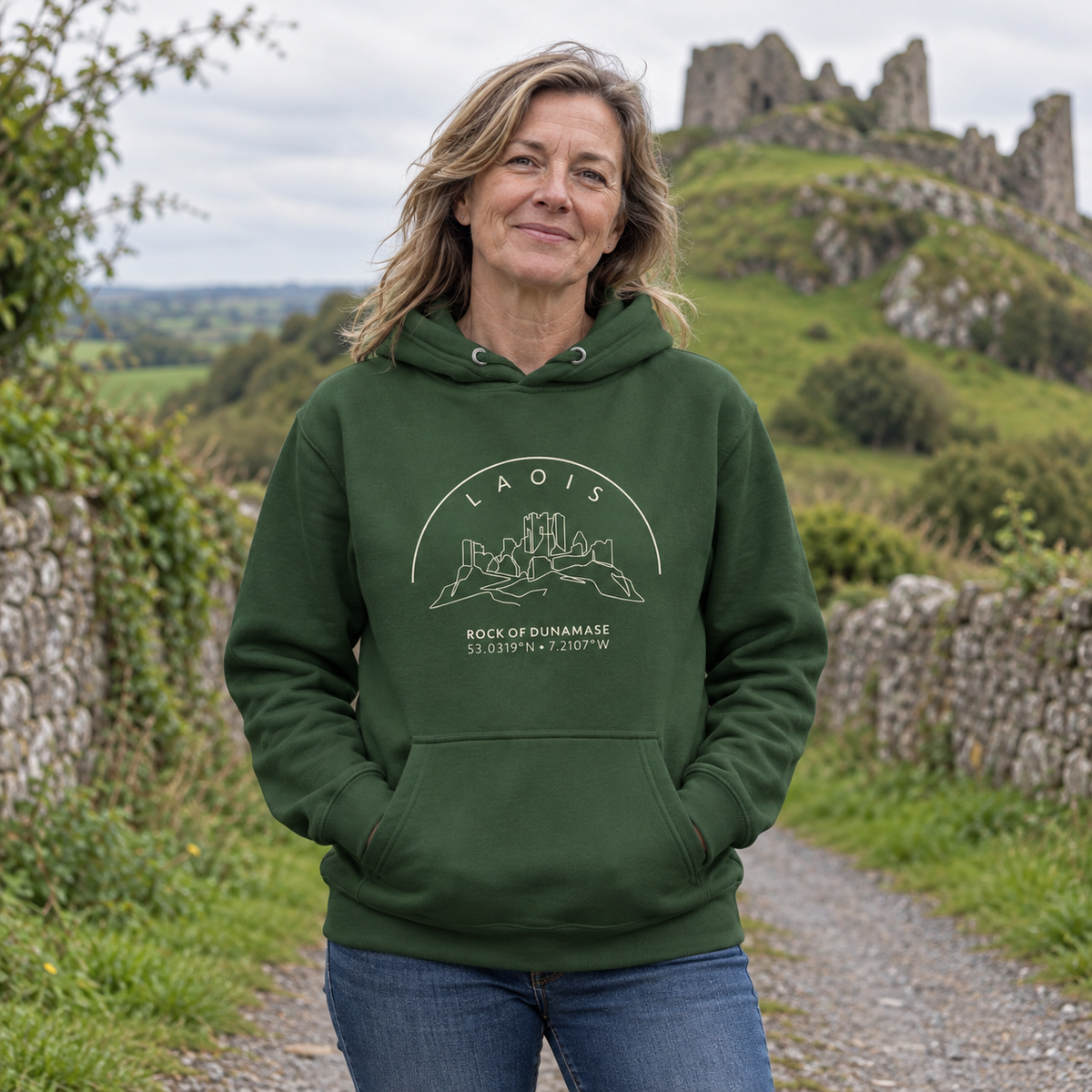 Woman wearing the Laois Rock of Dunamase forest green hoodie