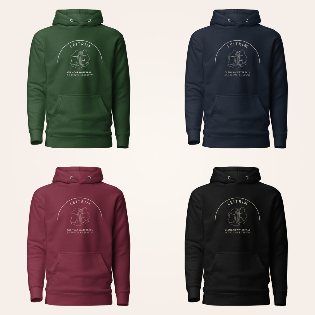 Leitrim Glencar Waterfall Hoodie colours — forest green, navy, maroon and black