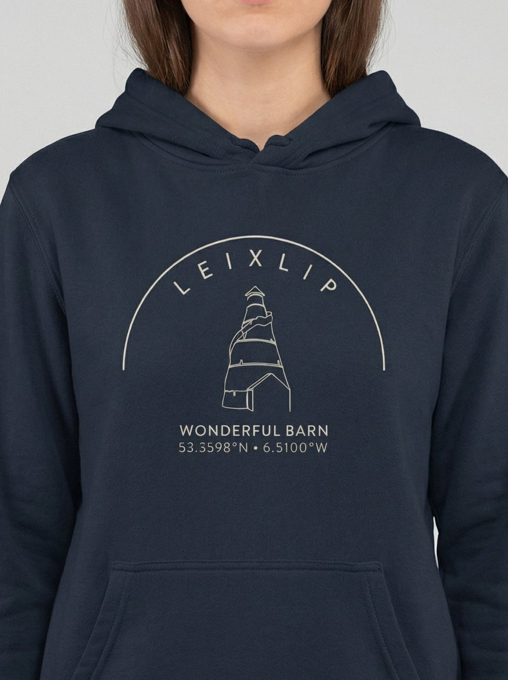Navy hoodie with 'Leixlip Wonderful Barn' design on a plain background