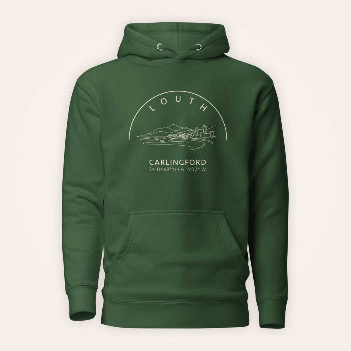 Louth Carlingford hoodie front view on warm ivory background
